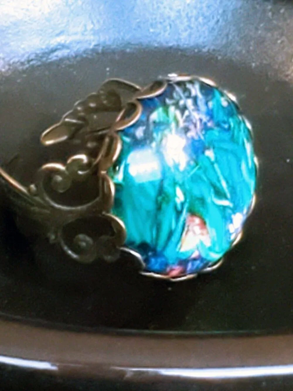 Vincent van Gogh Irises Famous Painting Art Glass Cabochon Bronze Filigree Ring